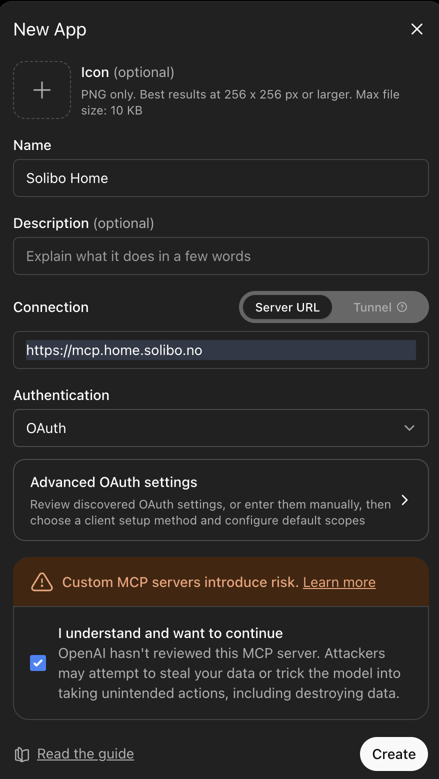 ChatGPT New App dialog configured for Solibo Home