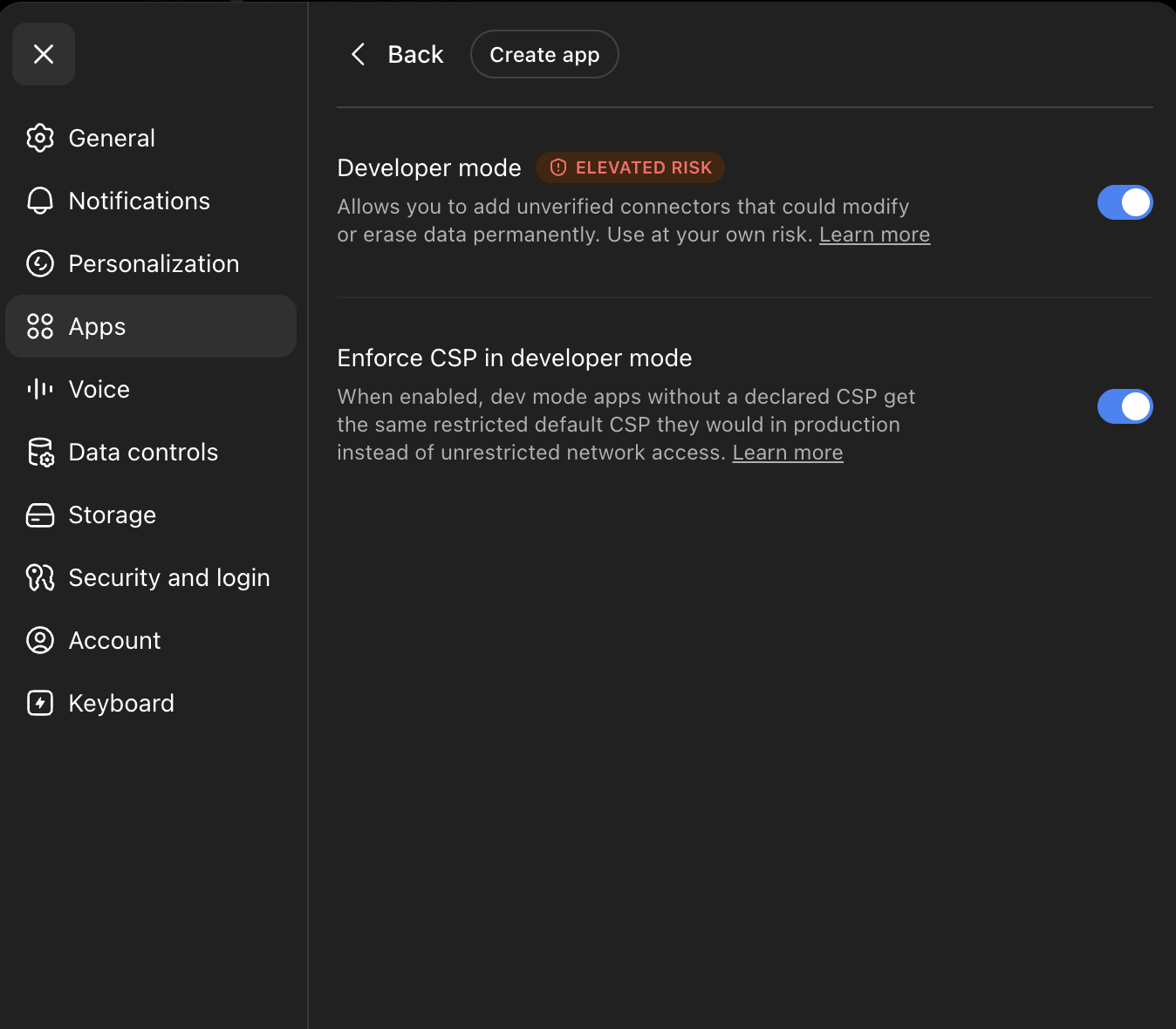 ChatGPT Apps settings with Developer mode enabled