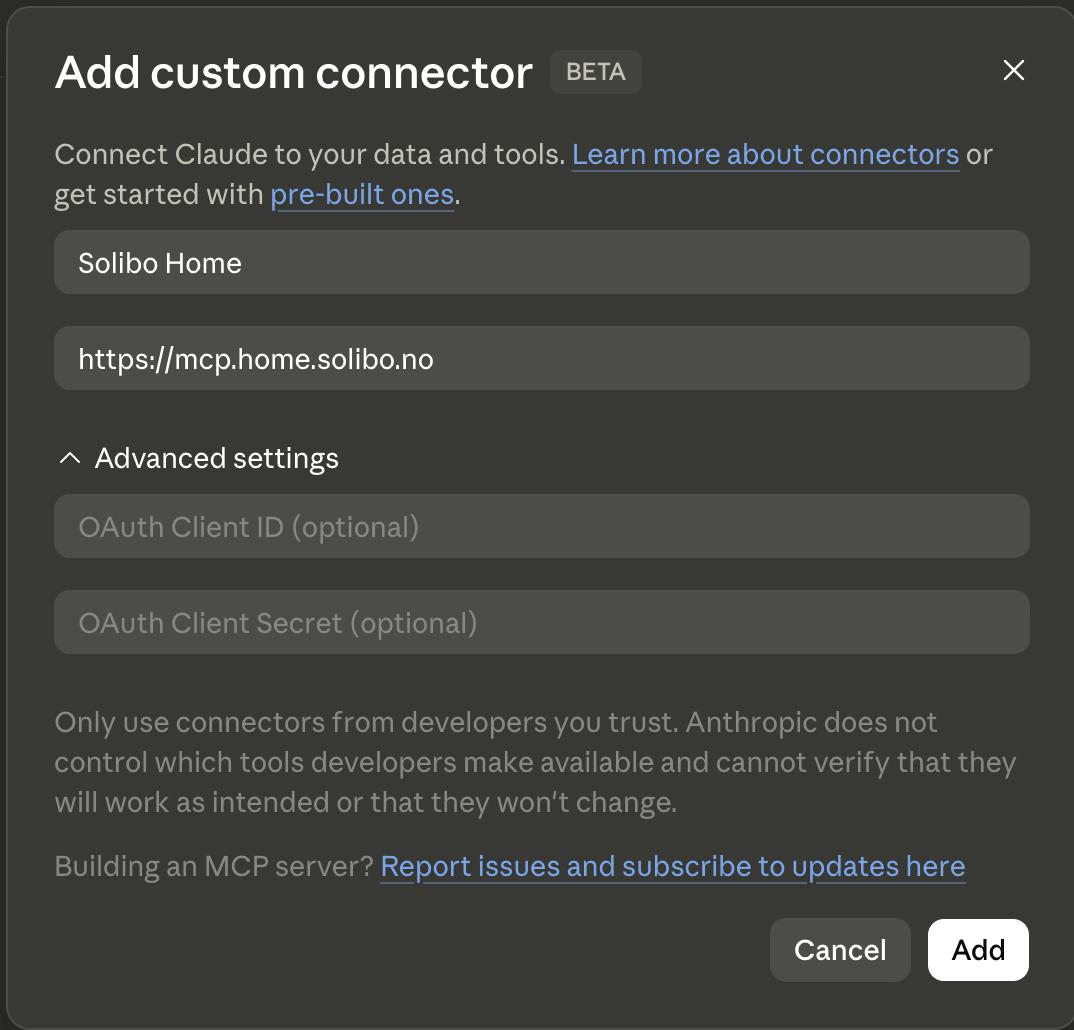 Claude custom connector dialog configured for Solibo Home
